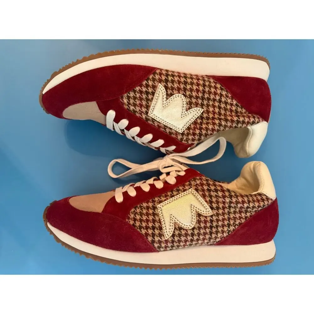 Birdies Womens Roadrunner Suede Houndstooth Sneakers Shoes 9.5 Burgundy Brown